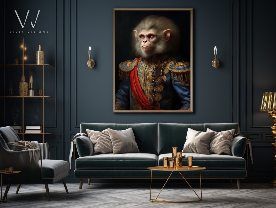 Monkey General Portrait Blue Military Uniform Red Sash Royal Poster - Image 3