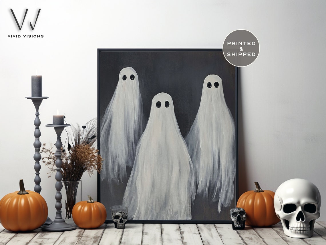 Three Friendly Ghosts On Dark Background Poster Minimal Halloween Art - Image 4