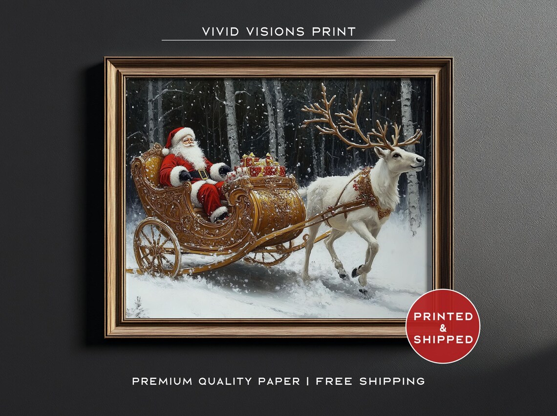 Santa In Ornate Sleigh, Elegant Christmas Art Print - Image 4