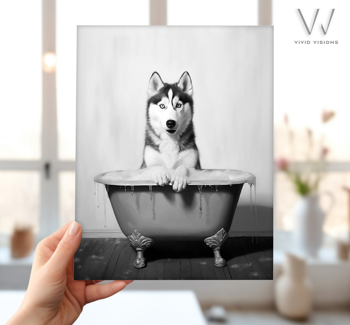 Siberian Husky in Vintage Bathtub Black White Bathroom Poster - Image 4