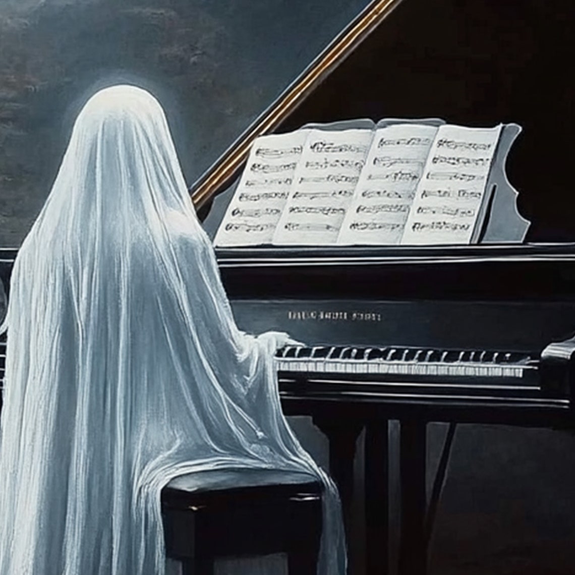 Ghost Playing A Grand Piano In A Cave Poster Gothic Halloween Artwork - Image 2