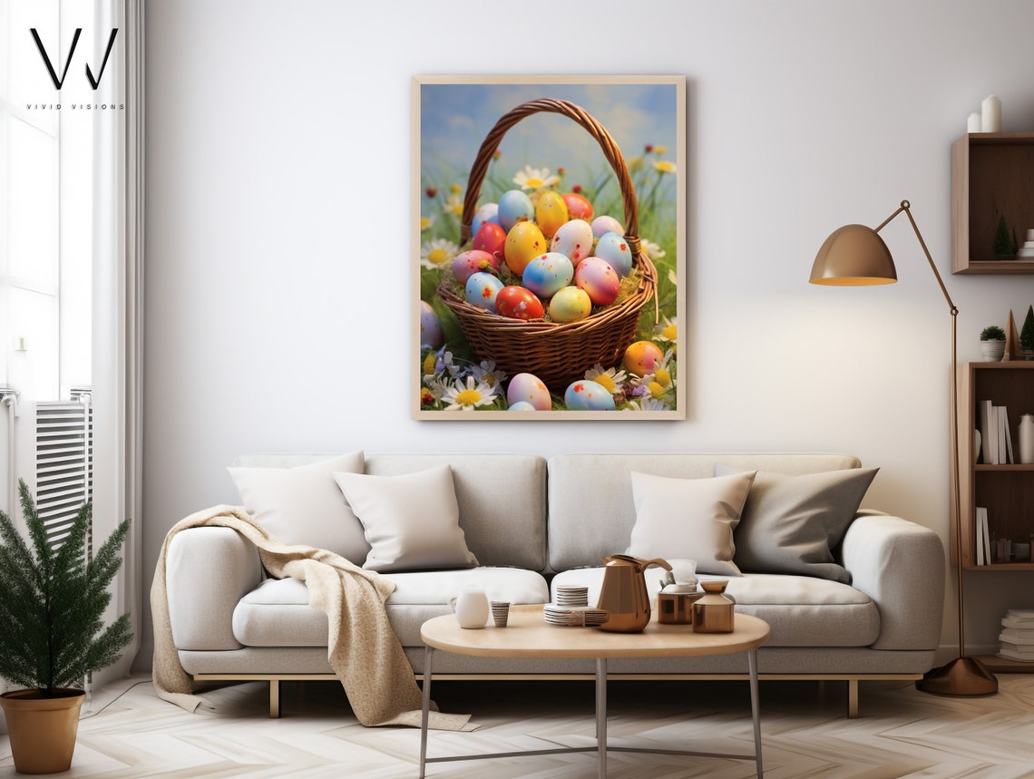 Wicker Basket of Painted Easter Eggs in a Daisy Meadow Poster - Image 4