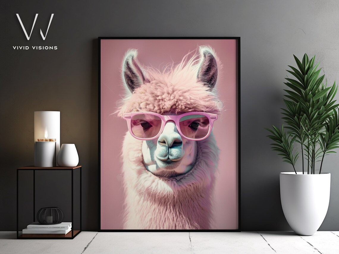 Llama with Pink Sunglasses Cute Pastel Fluffy Animal Portrait Poster