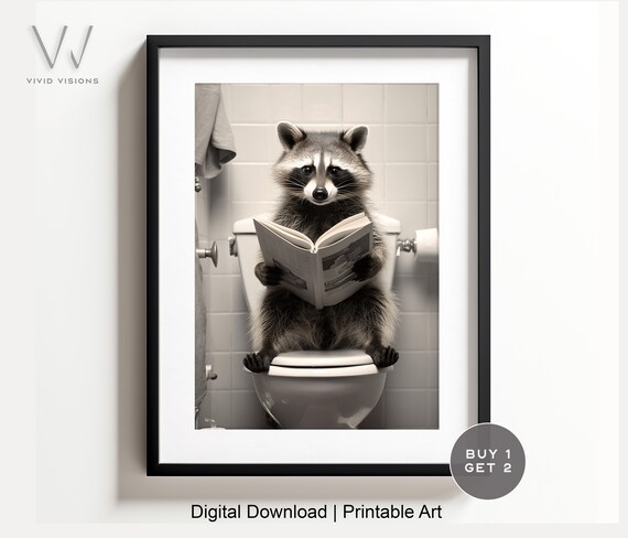 Funny Raccoon Reading a Newspaper on the Toilet Bathroom Poster
