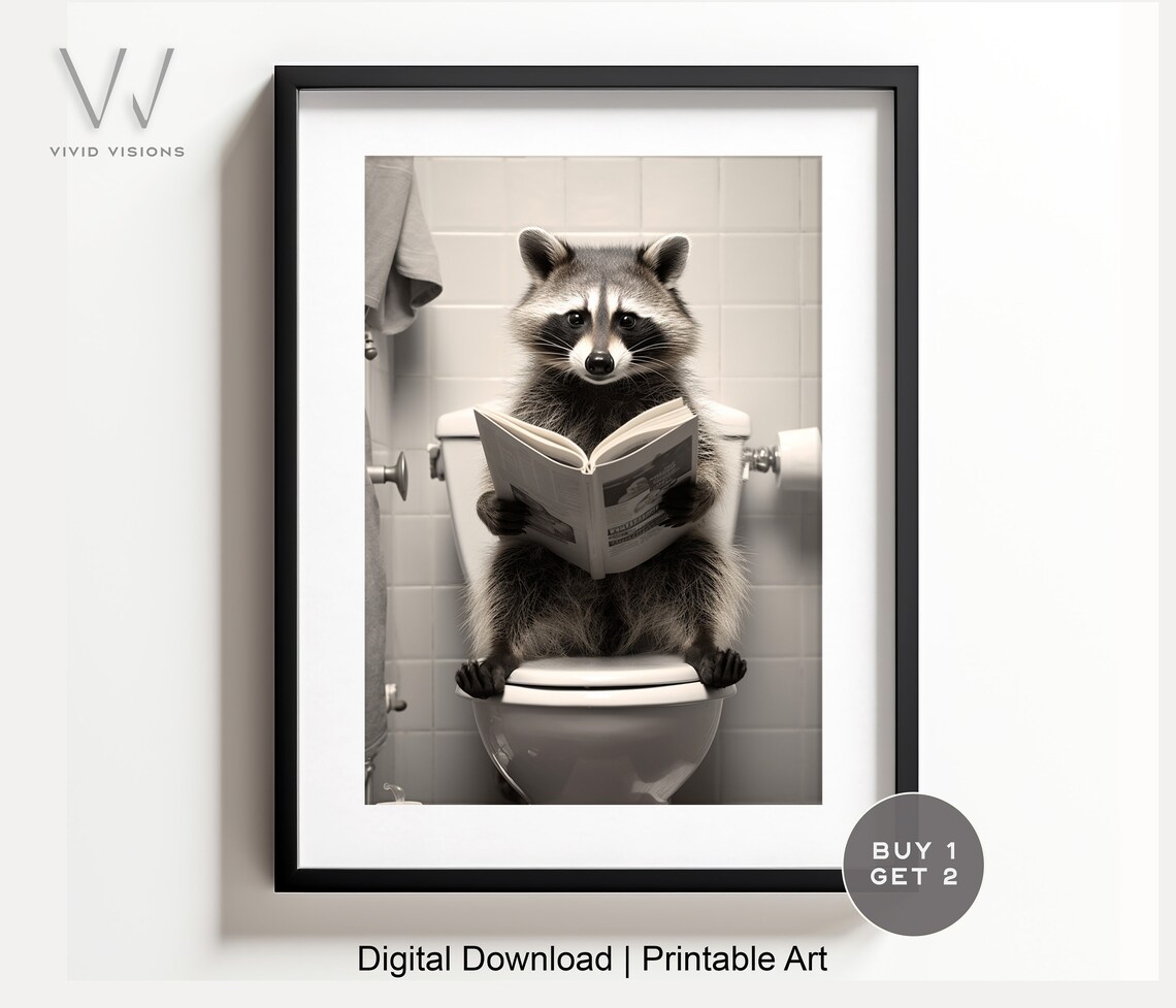 Funny Raccoon Reading a Newspaper on the Toilet Bathroom Poster