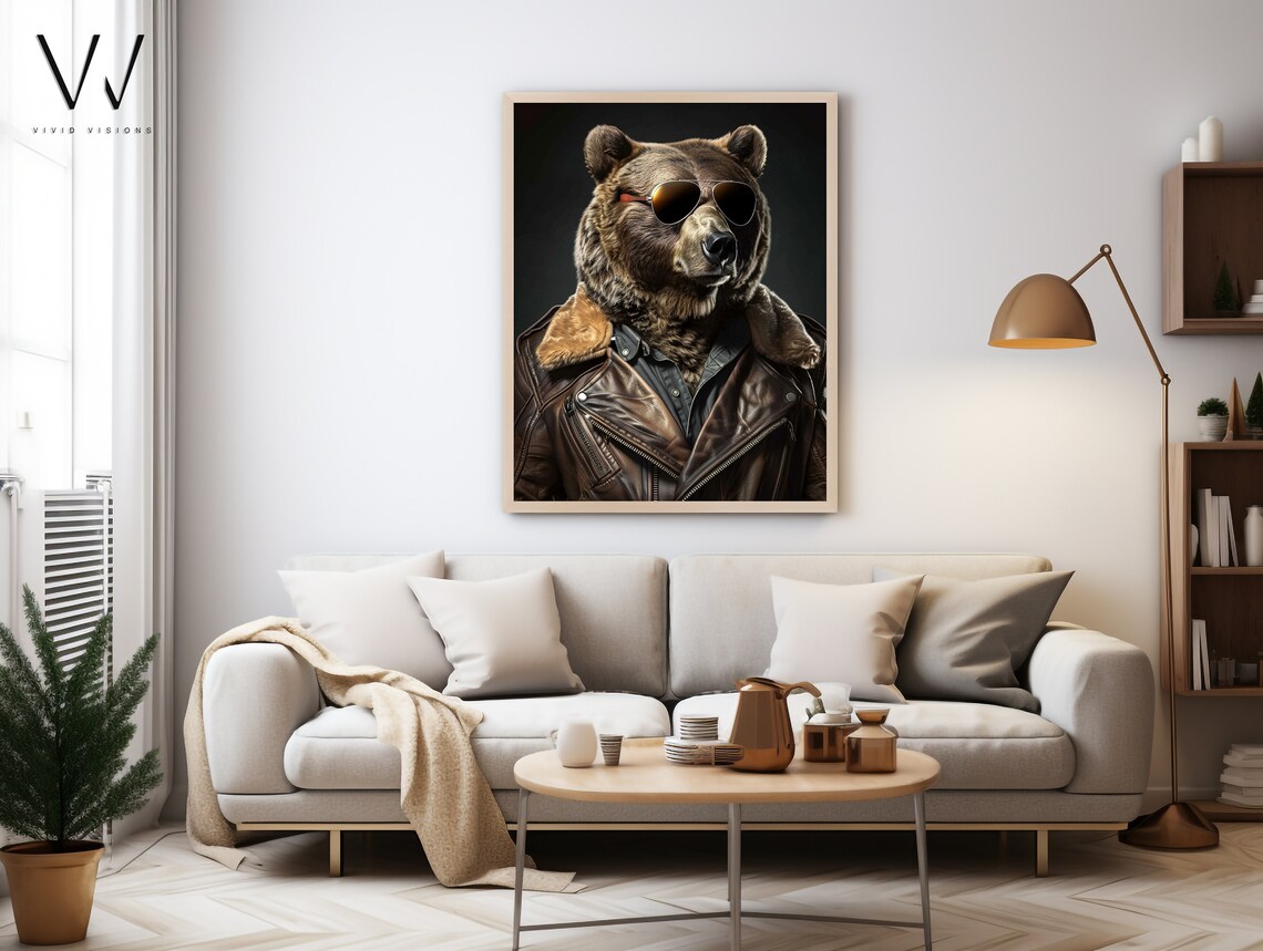 Modern Bear Portrait in Sunglasses, Vintage Style Art Print - Image 3