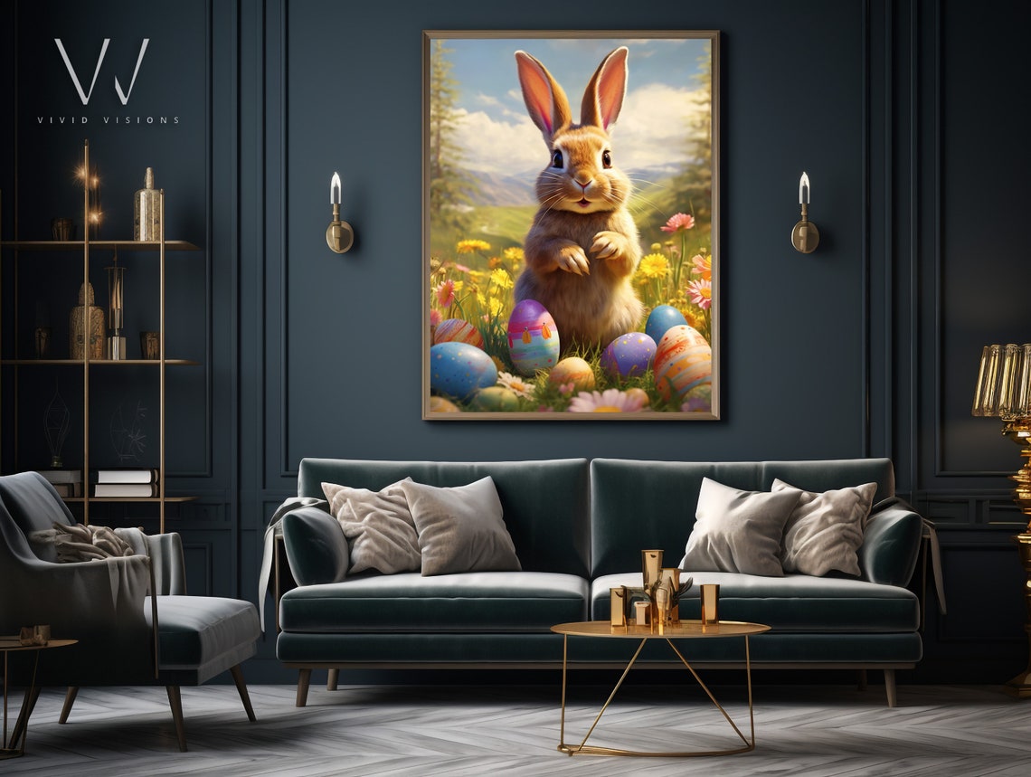 Easter Bunny Painted Eggs Flower Meadow Mountain Spring Poster - Image 3