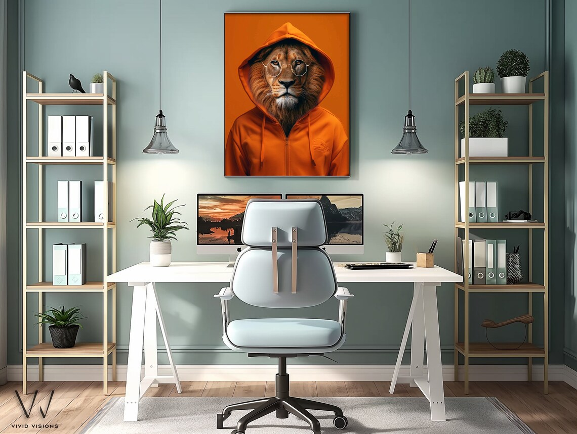 Lion in Orange Hoodie with Round Glasses Cozy Animal Portrait Poster - Image 3