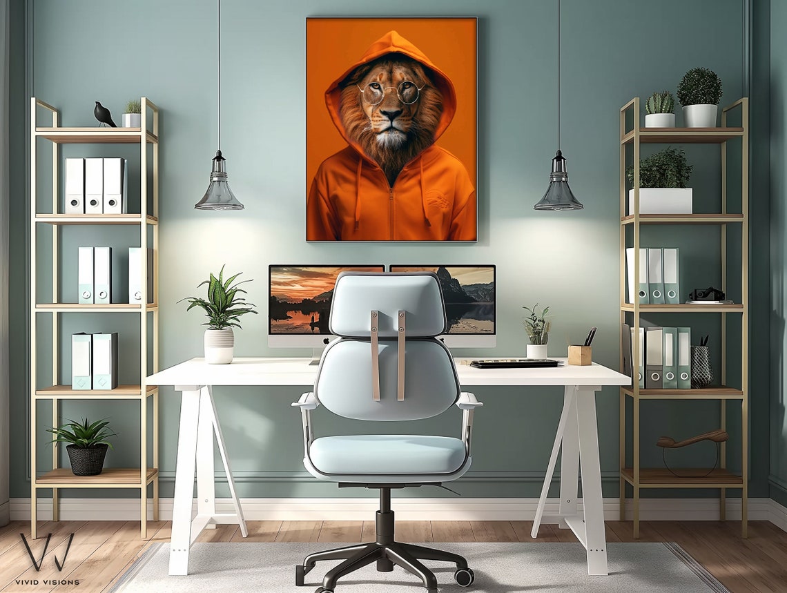 Modern Lion Portrait Stylish Animal Art In Suit Cool Lion In Orange Hoodie Contemporary Wall Art Vintage Poster Unframed Art1351 - Image 3