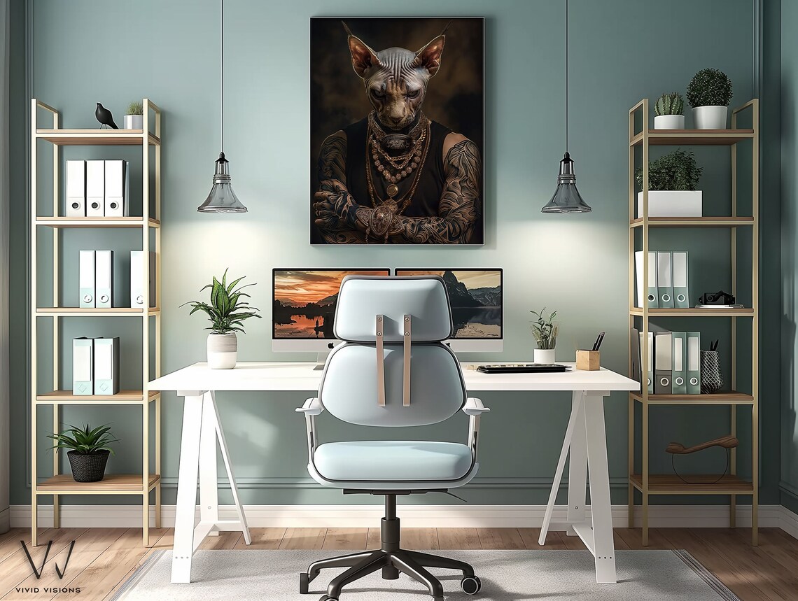 Sphynx Cat with Gold Chains Tattoos Hip Hop Rapper Pet Portrait Poster - Image 3