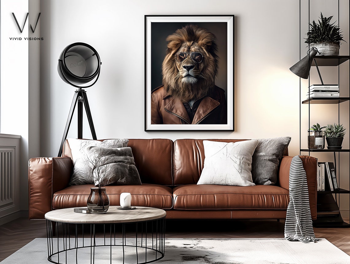 Lion in Brown Leather Jacket Aviator Sunglasses Rebel Animal Poster - Image 4