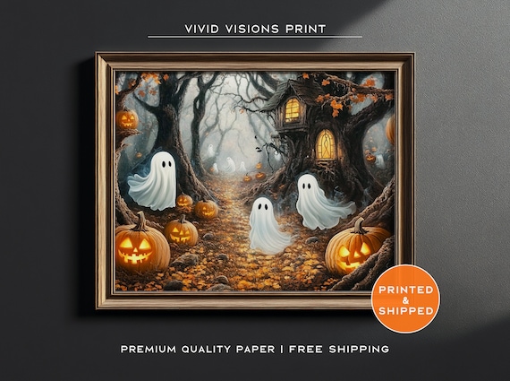 Haunted Forest Ghosts And Glowing Pumpkins Halloween Night Poster Art