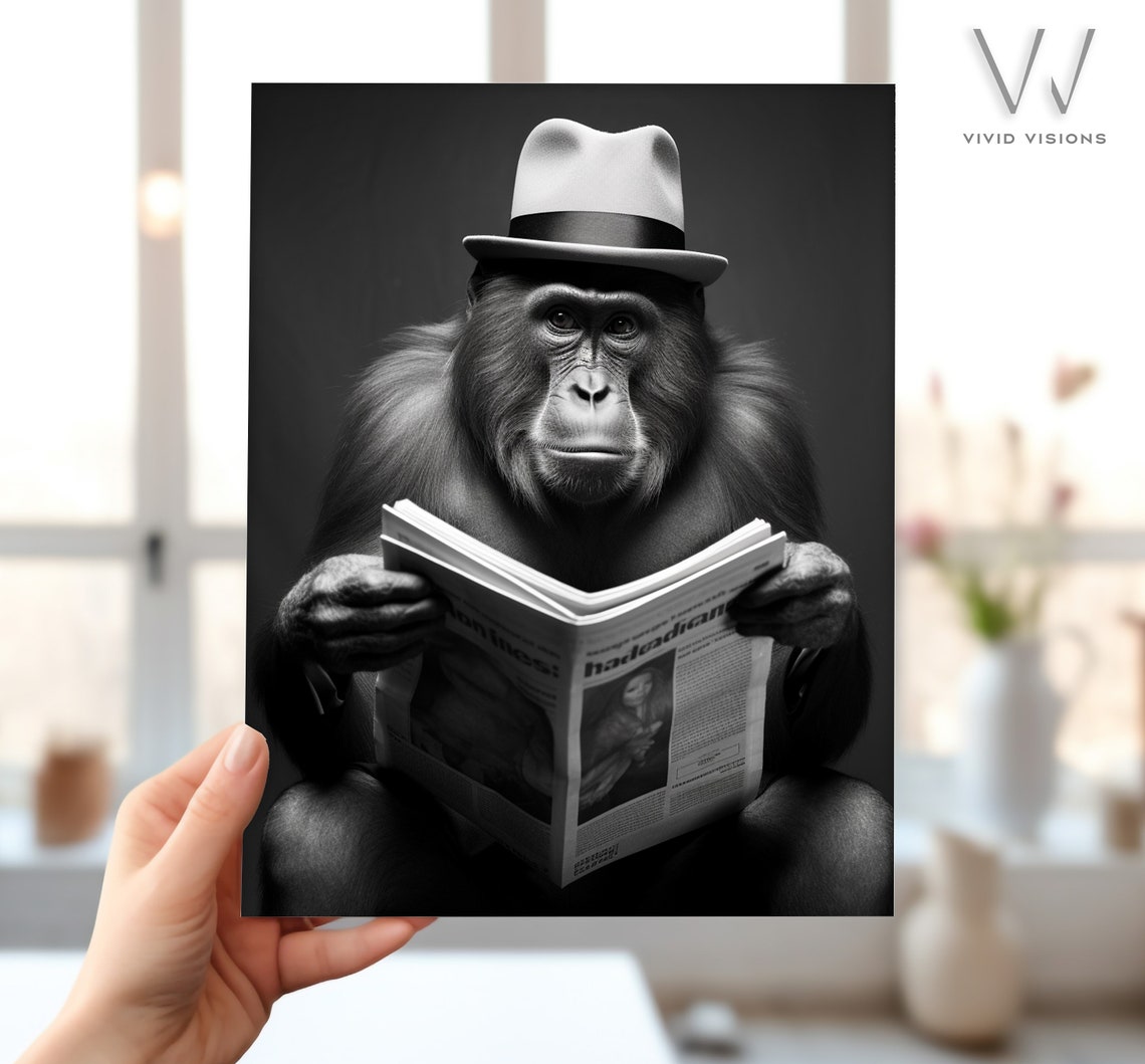 Dapper Monkey in a Fedora Reading the Newspaper Black and White Poster - Image 4