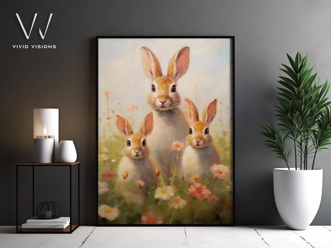 Three Cute Bunnies Playing in a Wildflower Meadow Spring Poster