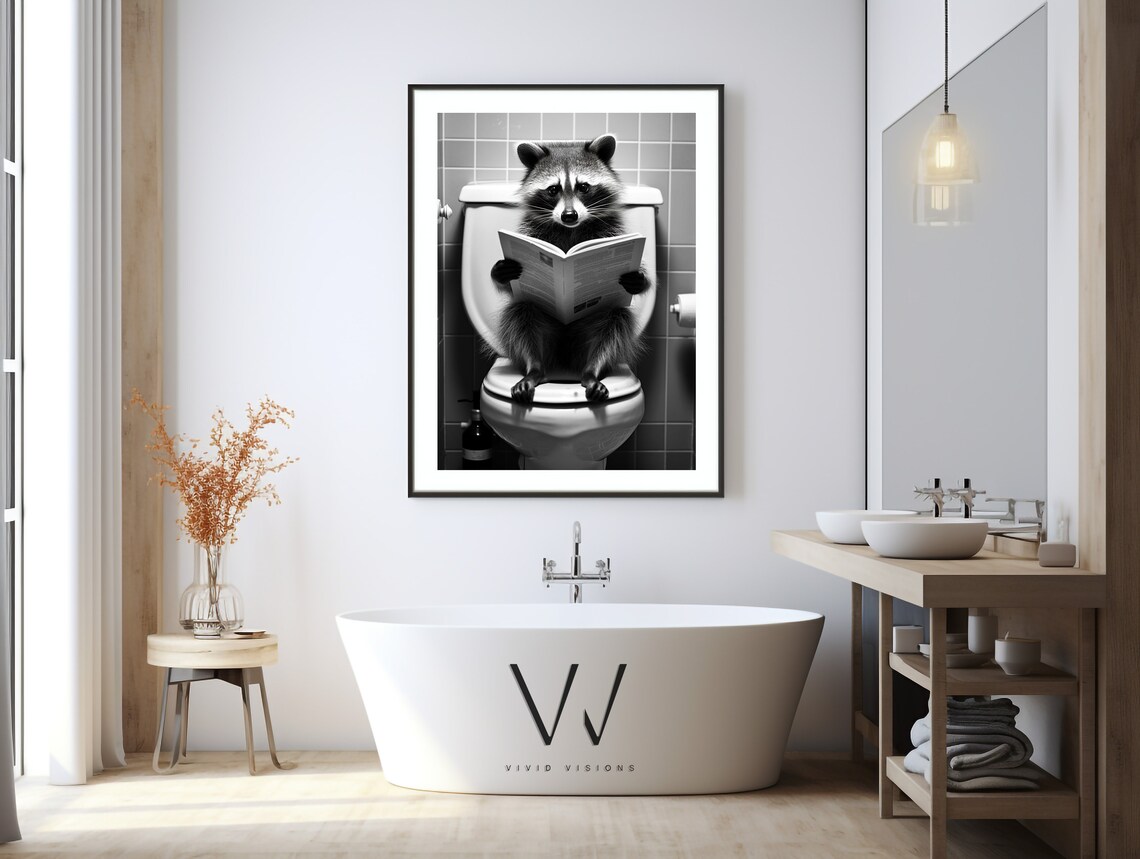 Raccoon Reading the Newspaper on the Toilet Funny Bathroom Poster - Image 3