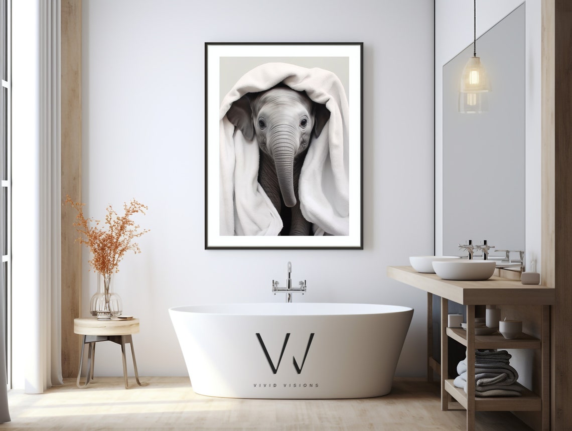 Adorable Baby Elephant Wrapped in a Fluffy White Towel Poster - Image 3