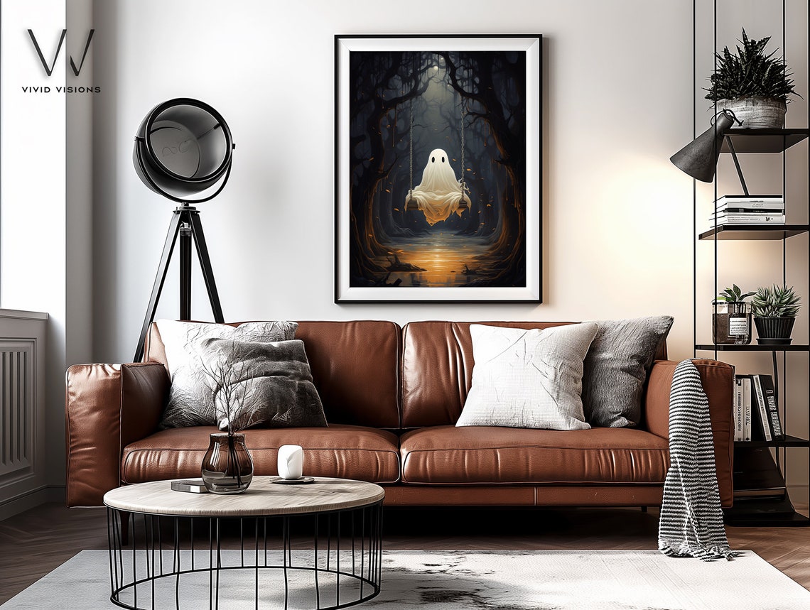 Cute Ghost On A Swing In A Spooky Moonlit Forest Halloween Poster Art - Image 4