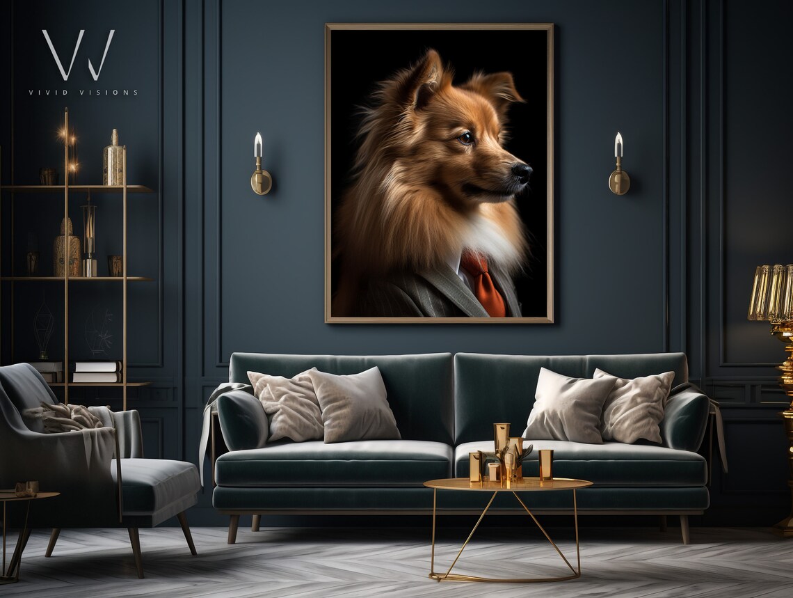 Fluffy Red Dog in Gray Suit Red Tie Profile Portrait Elegant Poster - Image 3