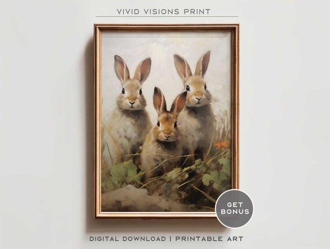 Three Rabbits Meadow Orange Bloom Vintage Spring Animal Poster