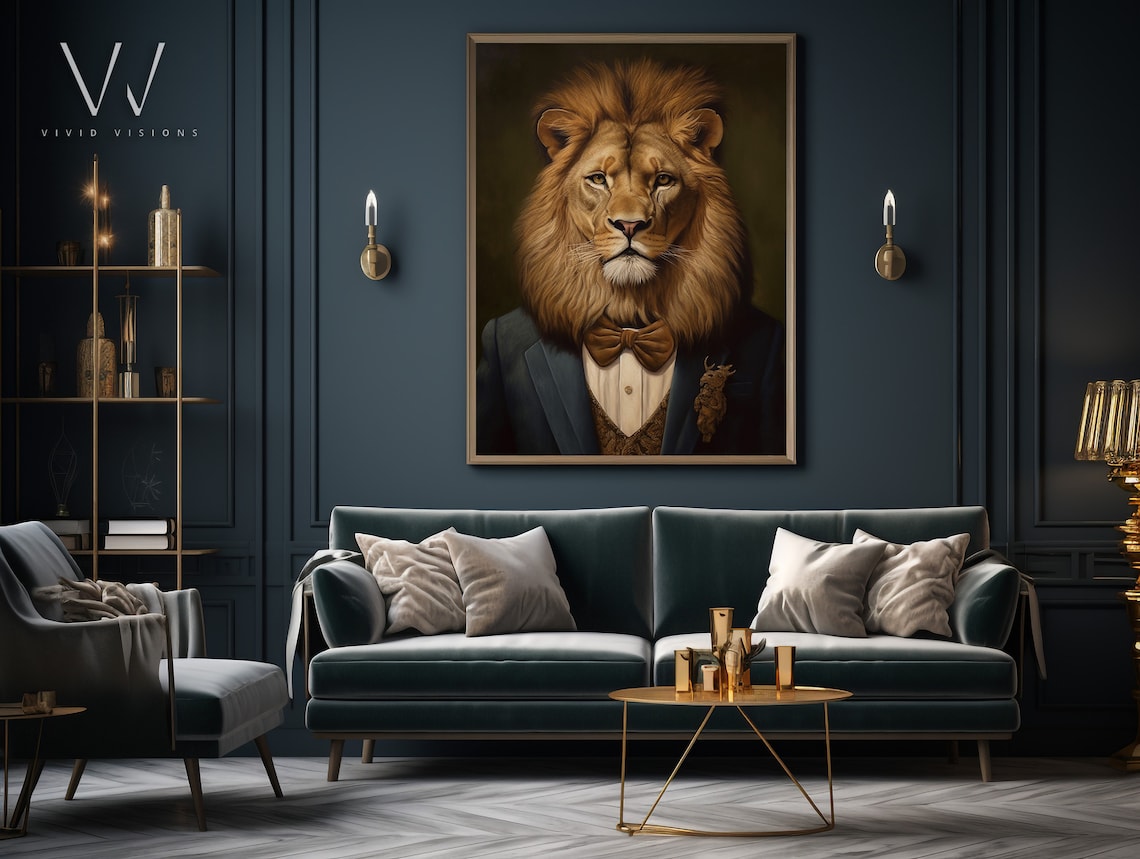 Victorian Lion Portrait Gentleman in Suit Bow Tie Gothic Art Poster - Image 4