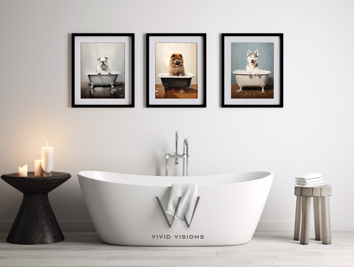 Set of 3 Dogs in Bathtubs Colorful Funny Dog Bathroom Poster - Image 2