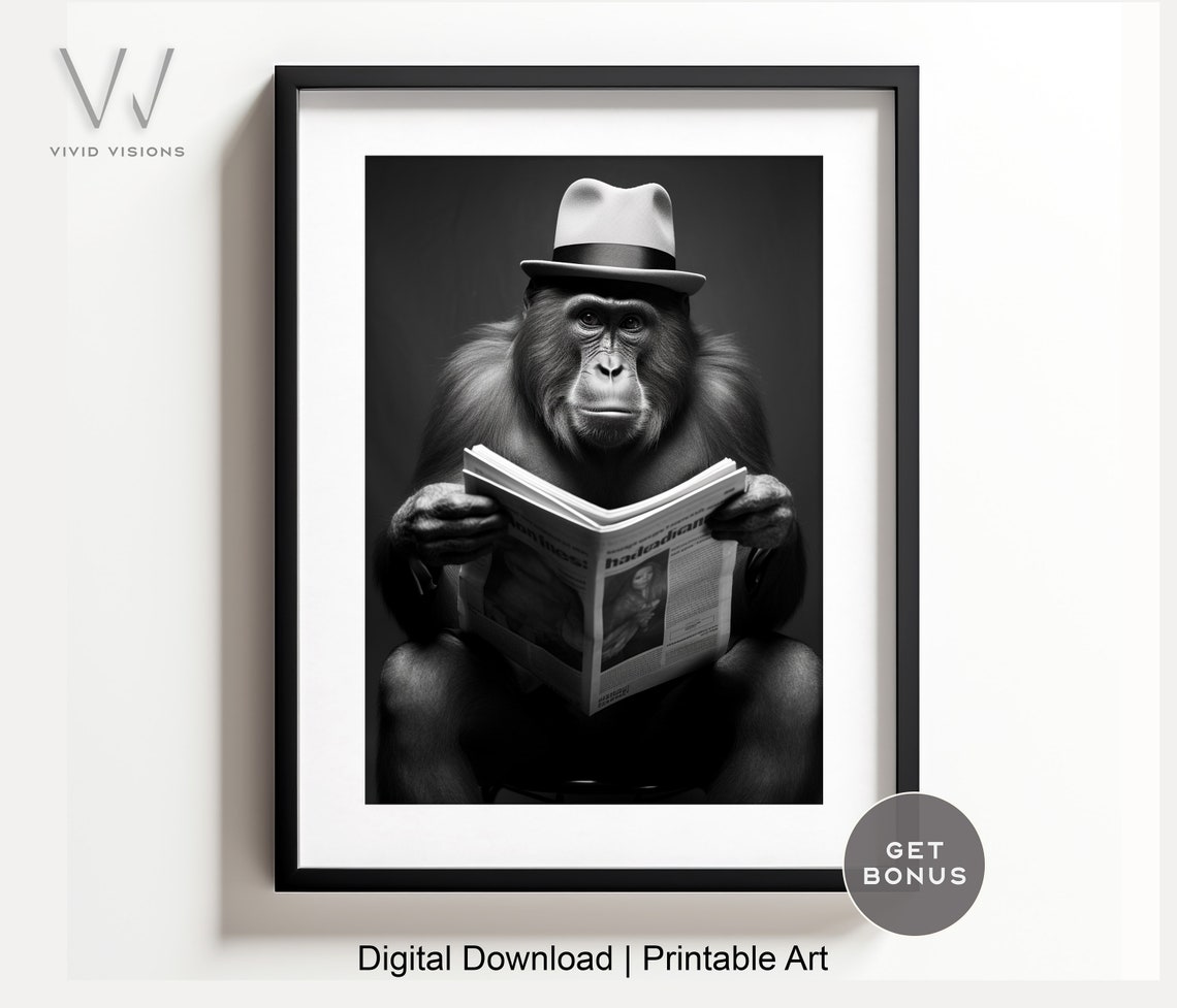 Dapper Monkey in a Fedora Reading the Newspaper Black and White Poster