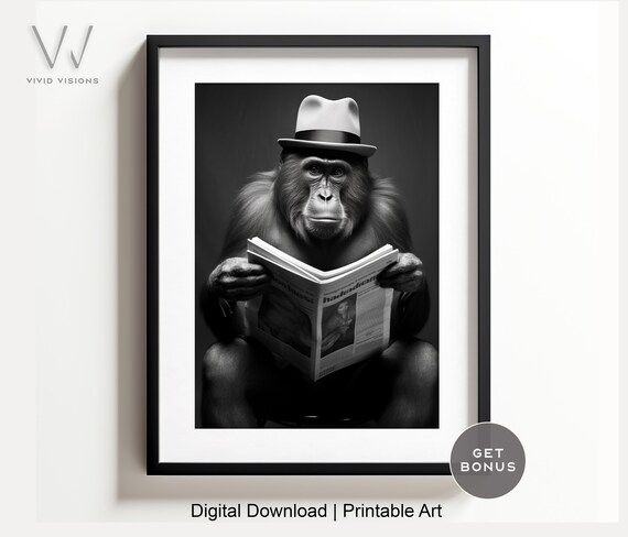 Dapper Monkey in a Fedora Reading the Newspaper Black and White Poster