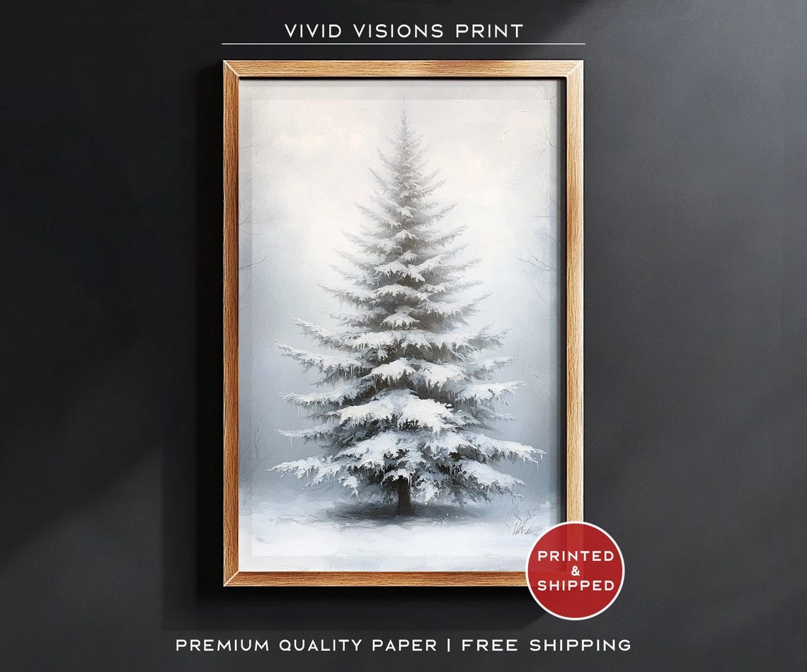 Snow Covered Pine Tree Minimalist Winter Wonderland Wall Art