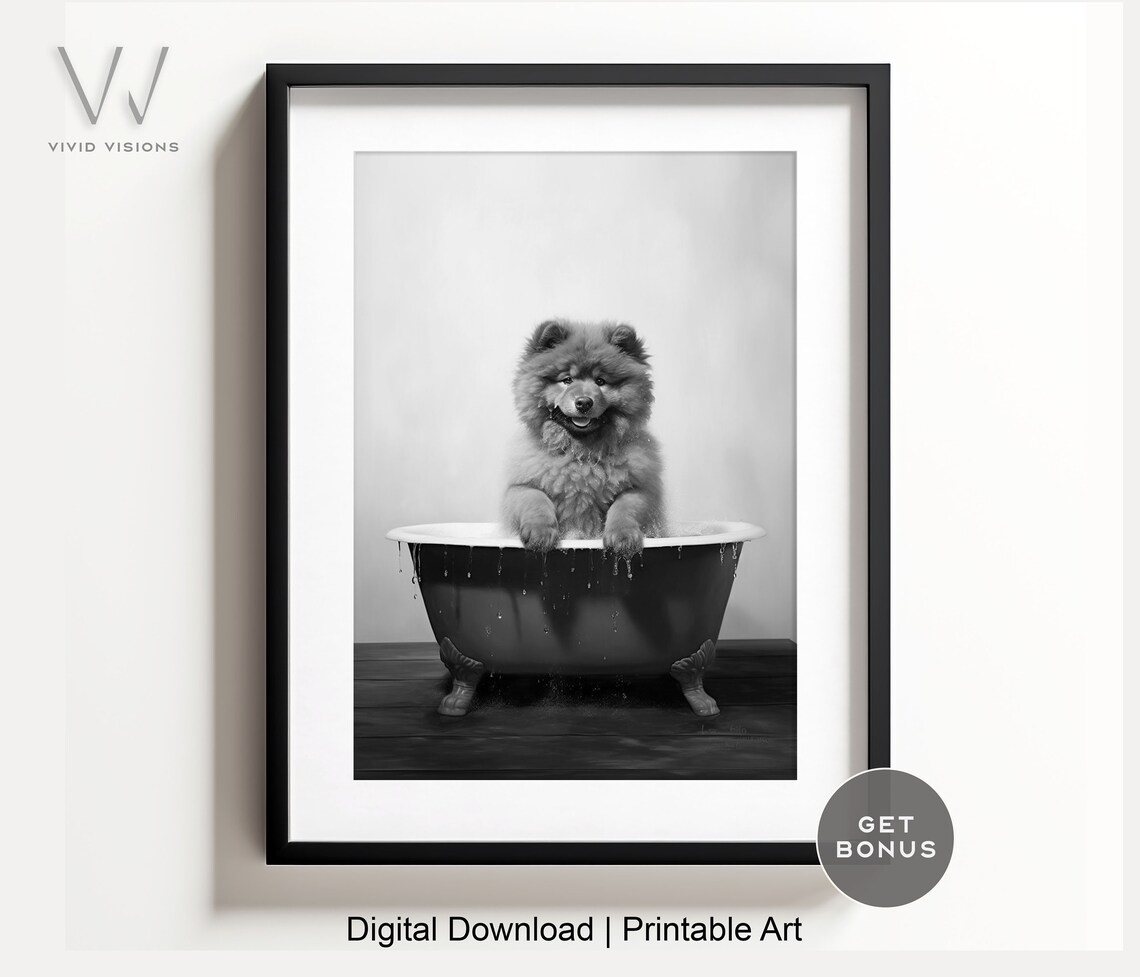 Chow Chow Puppy in Vintage Bathtub Black White Bathroom Poster