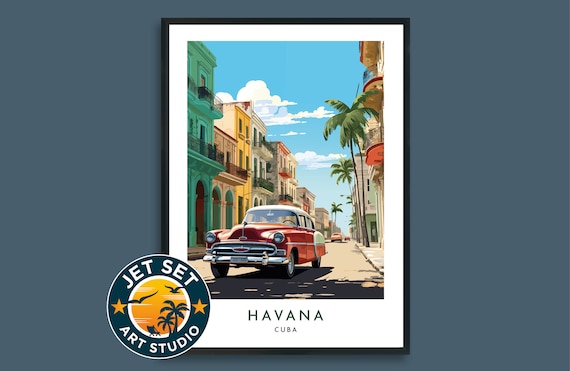 Havana Cuba Classic Red Car Colonial Street Vintage Travel Poster