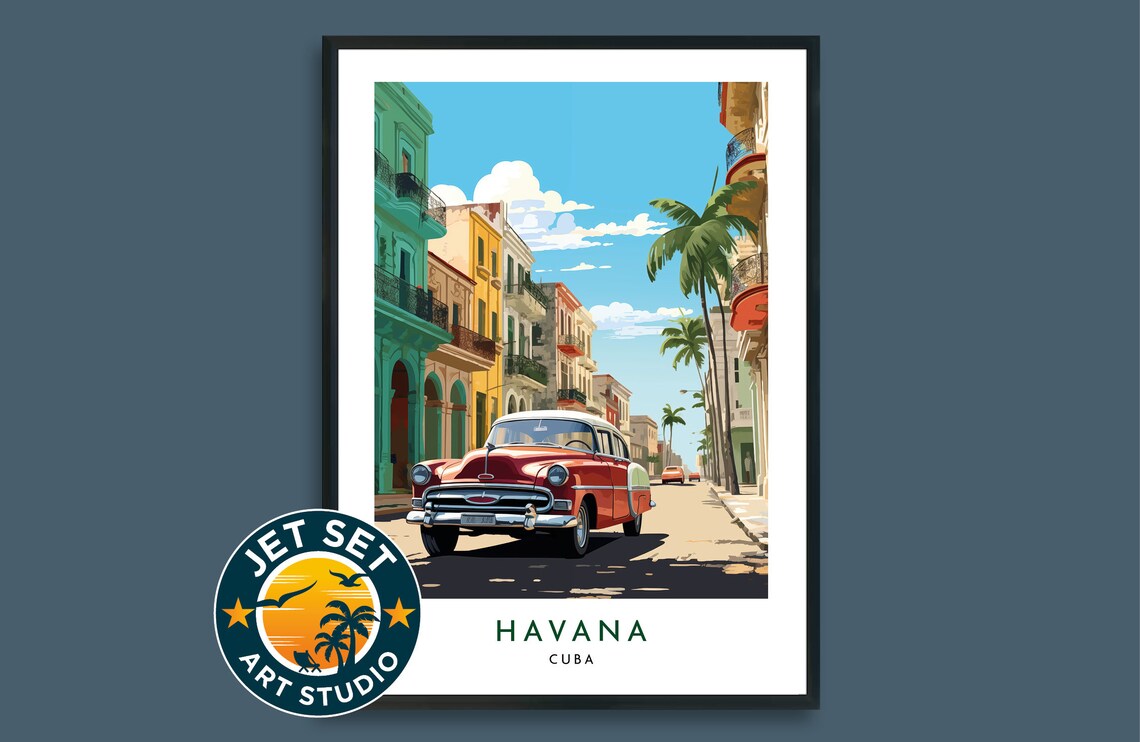 Havana Cuba Classic Red Car Colonial Street Vintage Travel Poster