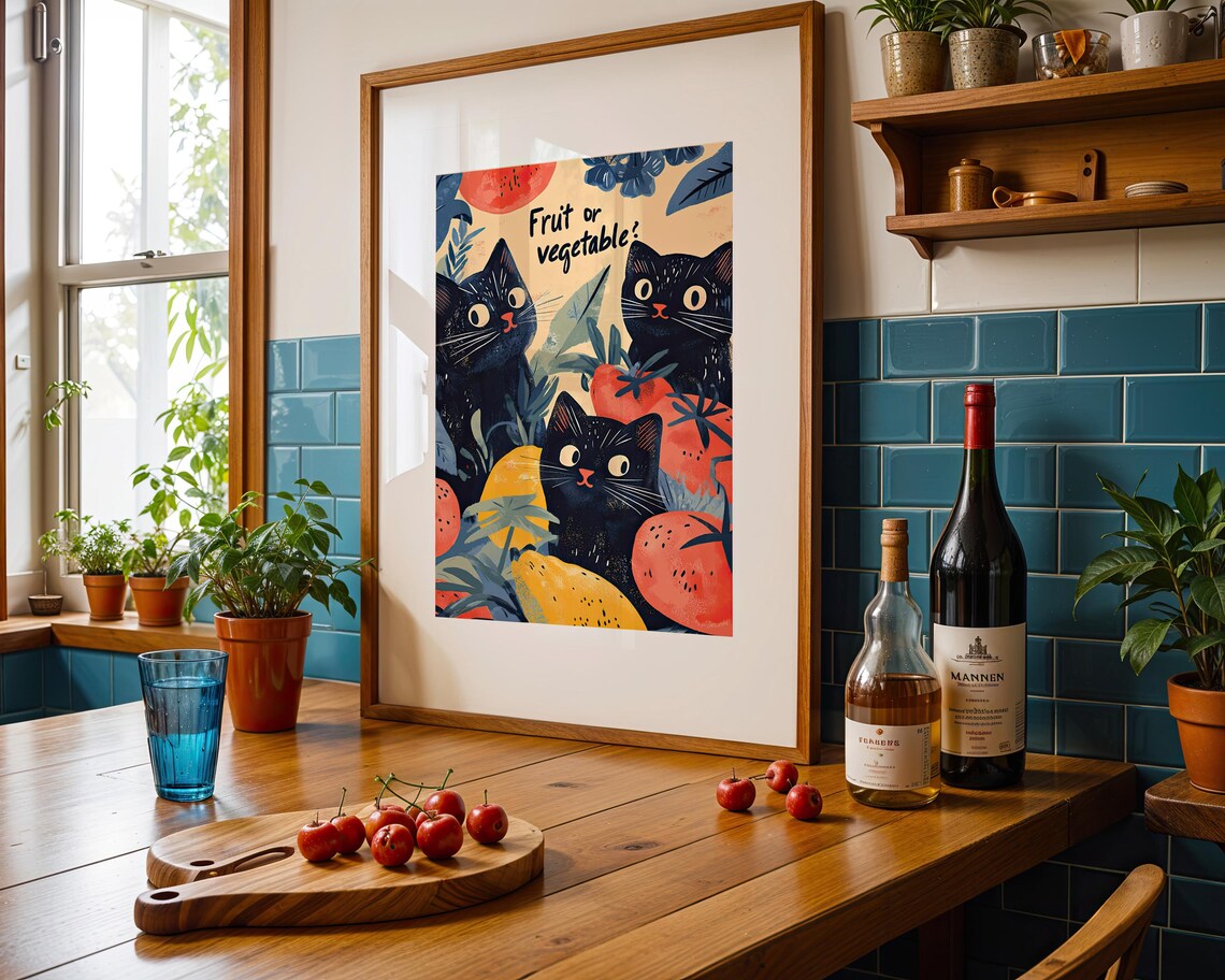 Three Black Cats Among Fruits Fruit Or Vegetable Cute Kitchen Whimsical Humor Poster - Image 2