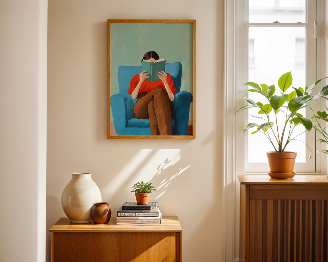 Woman Reading Book in Blue Armchair Cozy Red Sweater Art Poster - Image 5