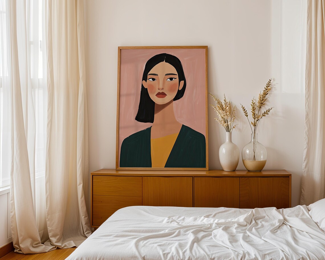 Modern Woman Portrait Pink Background Green Cardigan Bold Flat Illustration Art Poster - Image 5