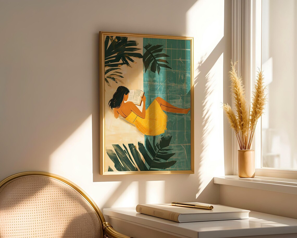 Woman In Yellow Dress Reading By Pool Tropical Palm Leaves Relaxed Summer Art Poster - Image 4