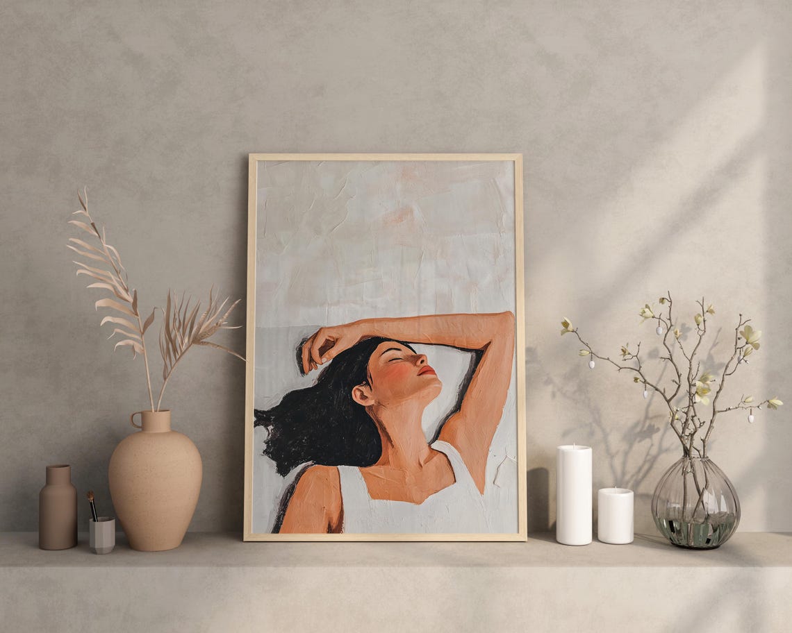 Abstract People Wall Art Sleeping Girl Painting Minimalist Oil Print Elegant Neutral Decor Contemporary Artwork Modern Home Gift For Her - Image 4