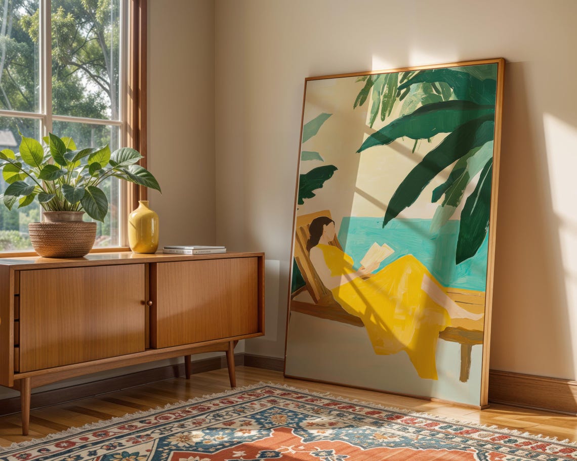 Tropical Beach Art Relaxing Woman Print Summer Abstract Wall Art Coastal Boho Decor Palm Tree Painting Yellow Green Print Ocean Poster - Image 5