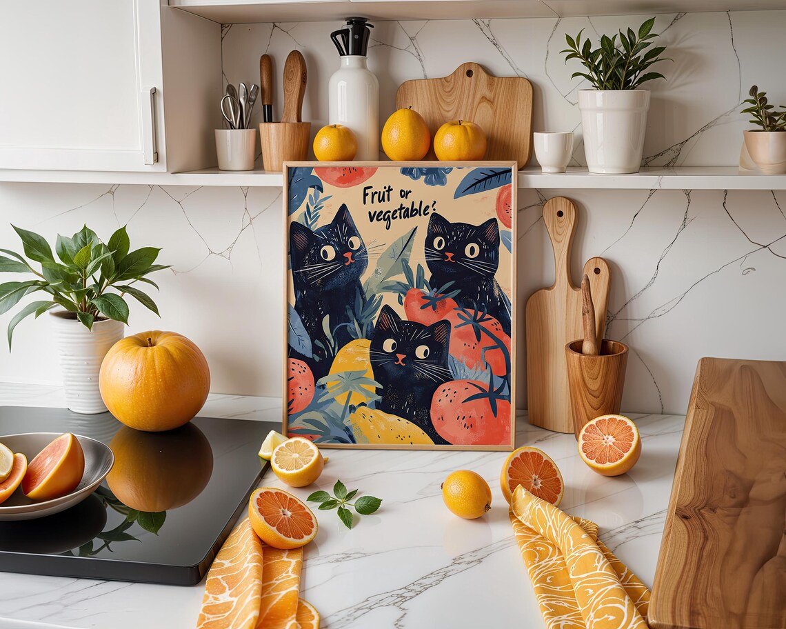 Three Black Cats Among Fruits Fruit Or Vegetable Cute Kitchen Whimsical Humor Poster - Image 3