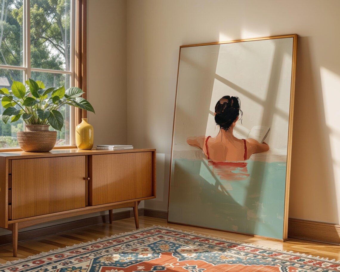 Woman in Red Swimsuit Reading Book in Turquoise Pool Art Poster - Image 4
