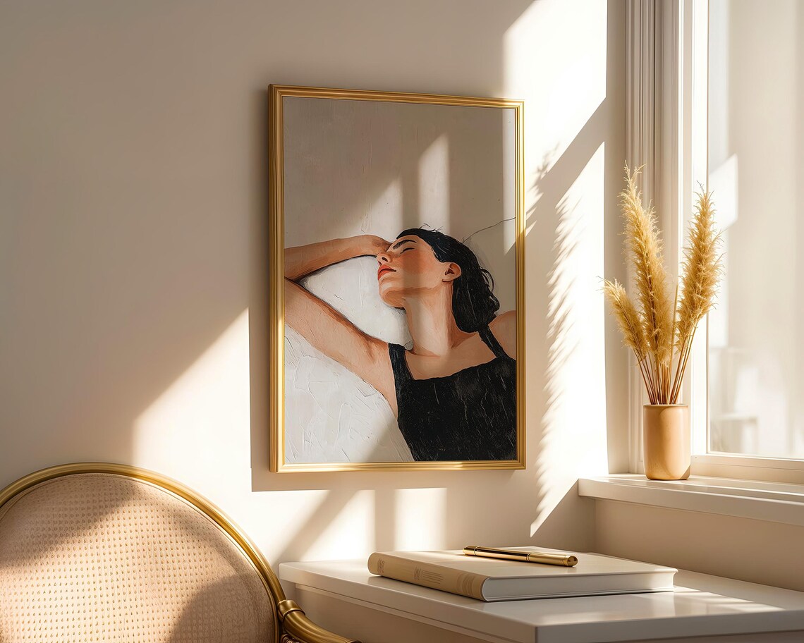 Sleeping Woman In Black Dress Arm Raised Soft Neutral Minimalist Oil Style Art Poster - Image 3