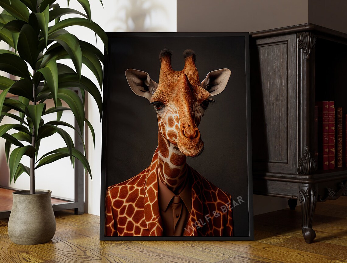 Dapper Giraffe Altered Portrait, Quirky Decor Art Print