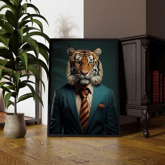 Dapper Tiger Portrait Altered Animal Wall Art Quirky Decor