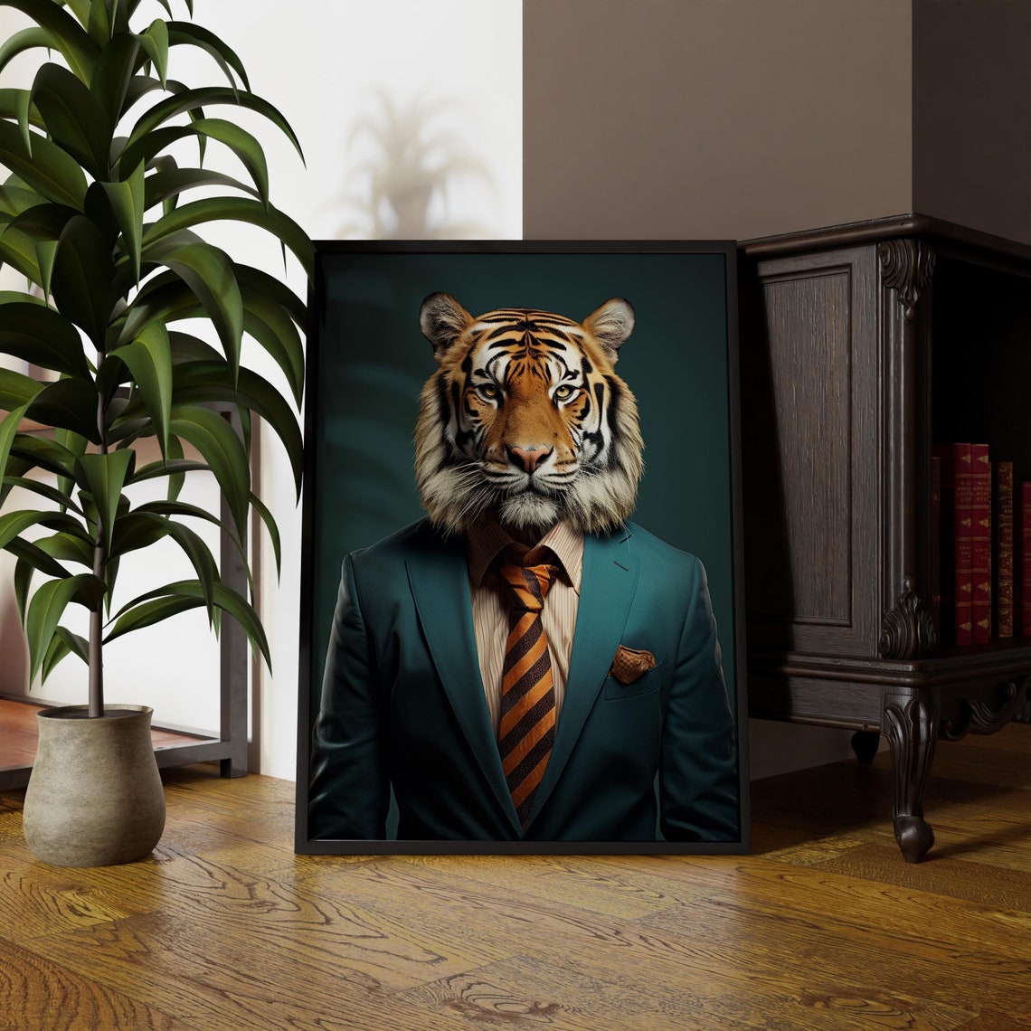 Dapper Tiger Portrait Teal Suit Striped Tie Gentleman Animal Poster