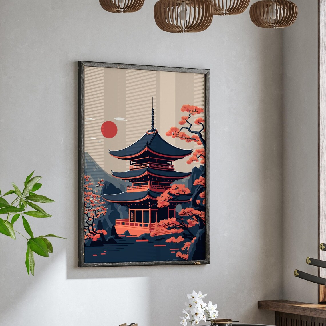 Japan Pagoda Temple Vintage Travel Poster Cherry Blossom Art