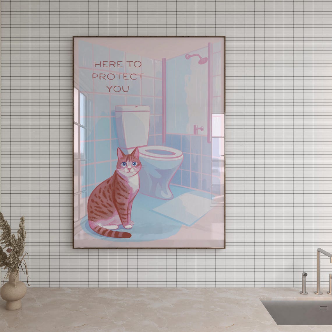 Here To Protect You Funny Cat Pink Bathroom Quote Trendy Wall Poster - Image 2