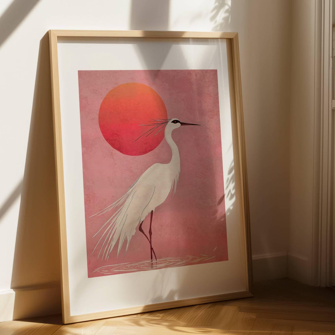 Japanese Red Sun White Crane Standing in Water Zen Art Poster