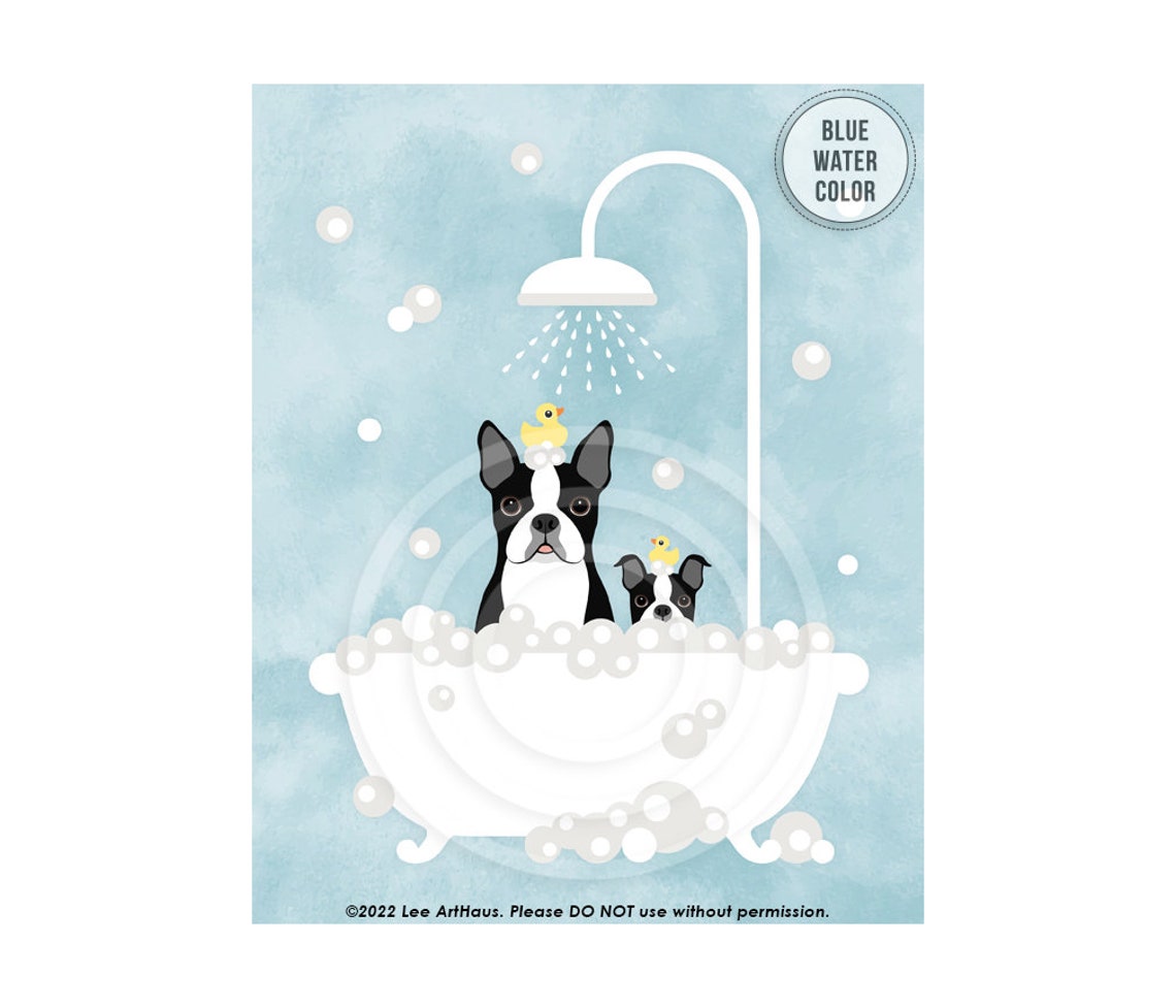 Boston Terrier Dog and Puppy in Bubble Bath Shower Cute Pet Art Poster