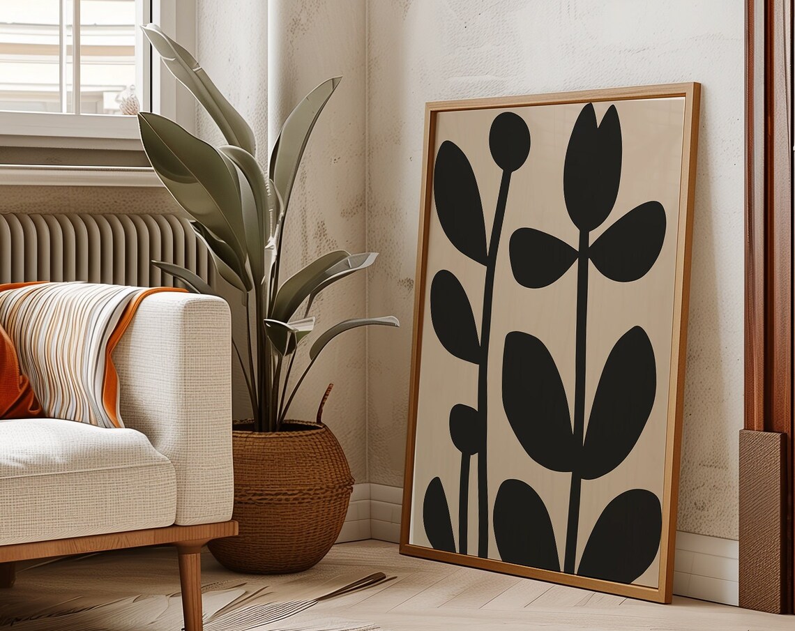 Black Tulip Abstract Botanical Beige Mid Century Modern Art Poster