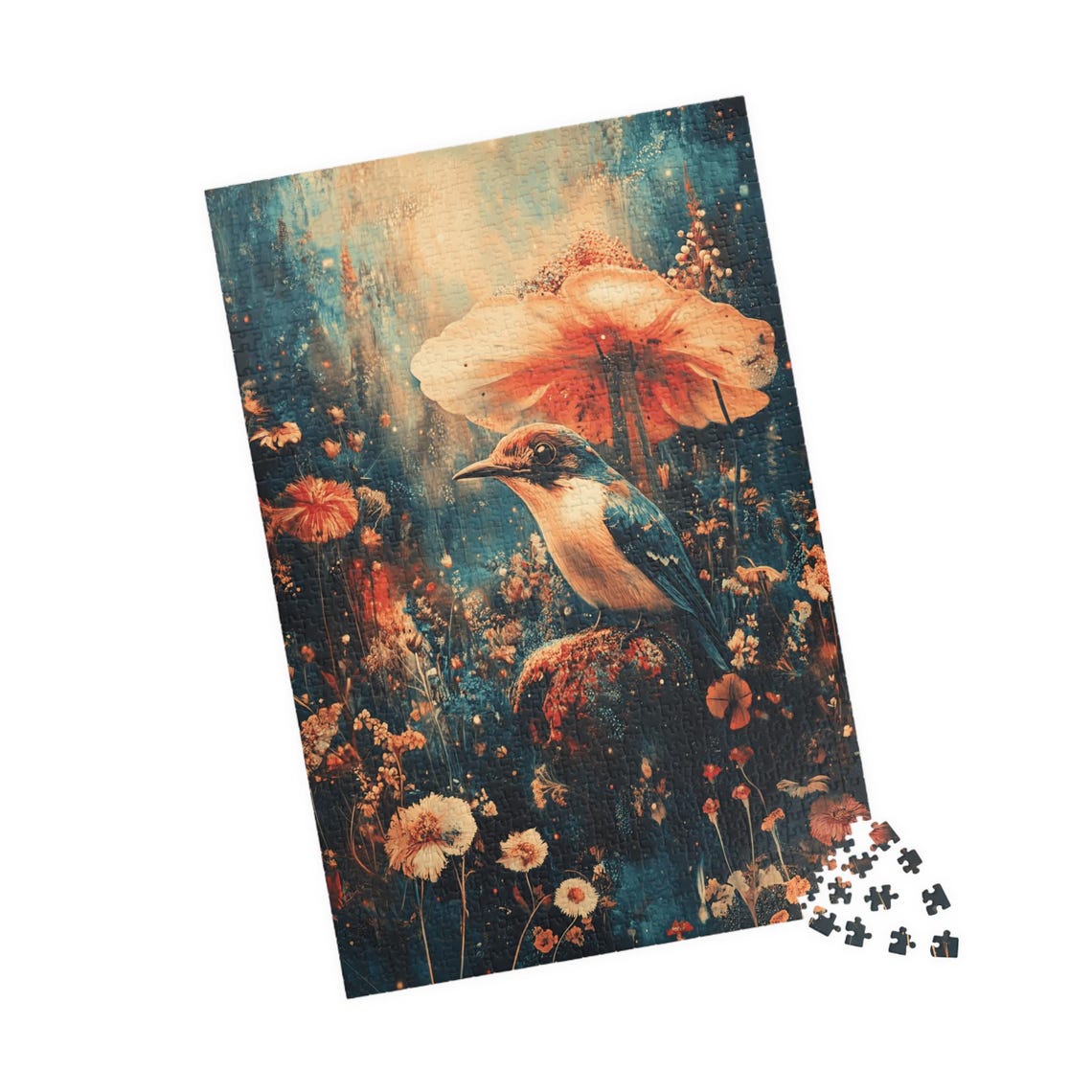 Small Songbird Among Giant Flowers Teal Painterly Art Poster - Image 4