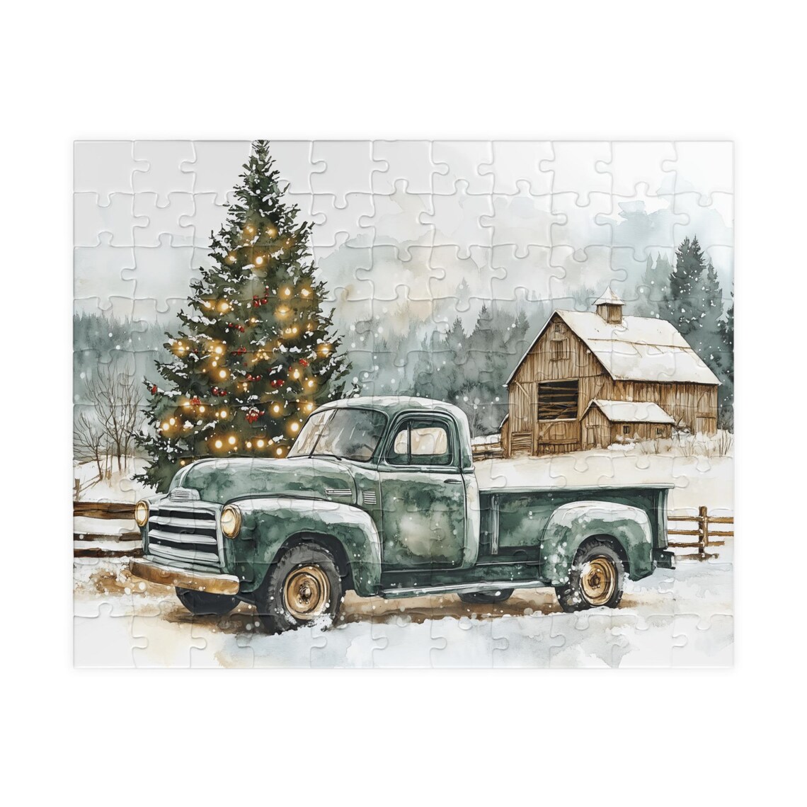 Vintage Green Pickup Truck With Christmas Tree at Snowy Barn Poster - Image 5